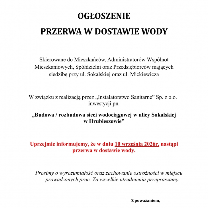 Przerwa w dostawie wody