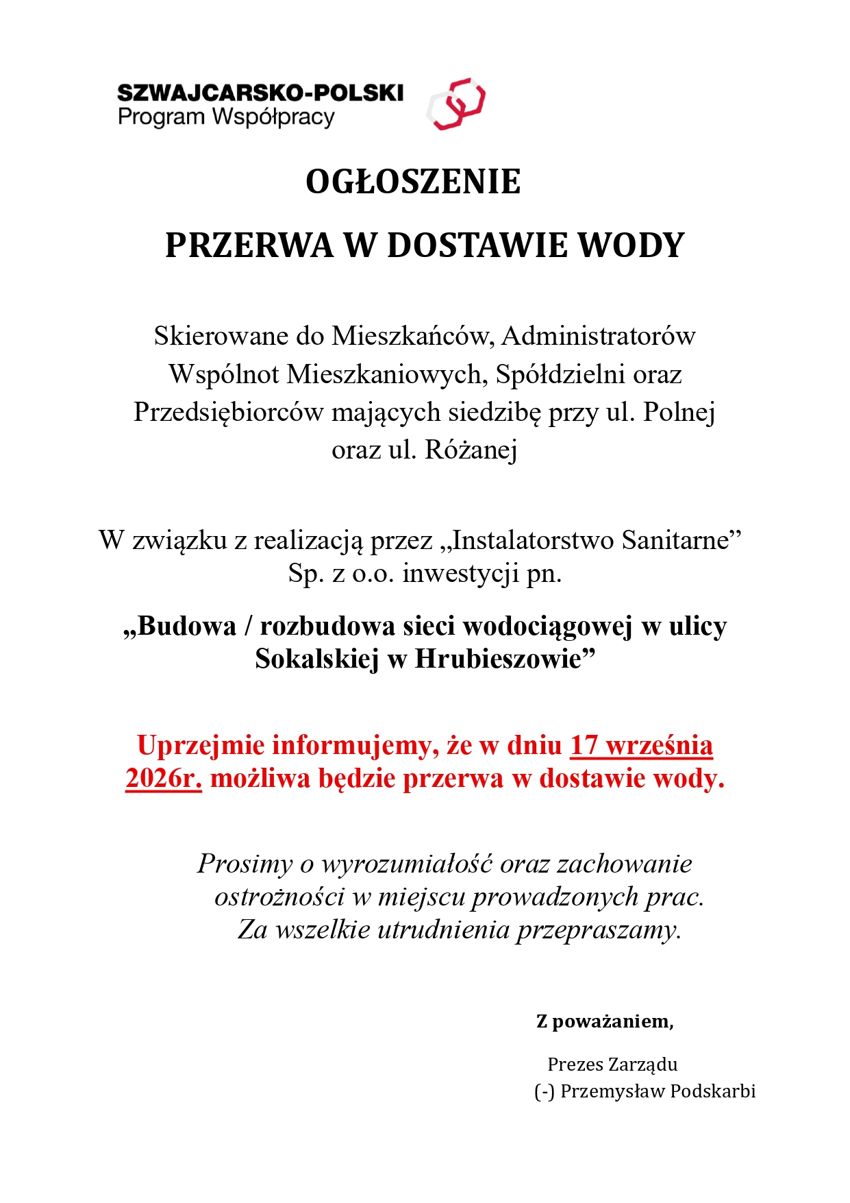 Ogłoszenie - przerwa w odstawie wody w ul. Różanej i ul. Polnej